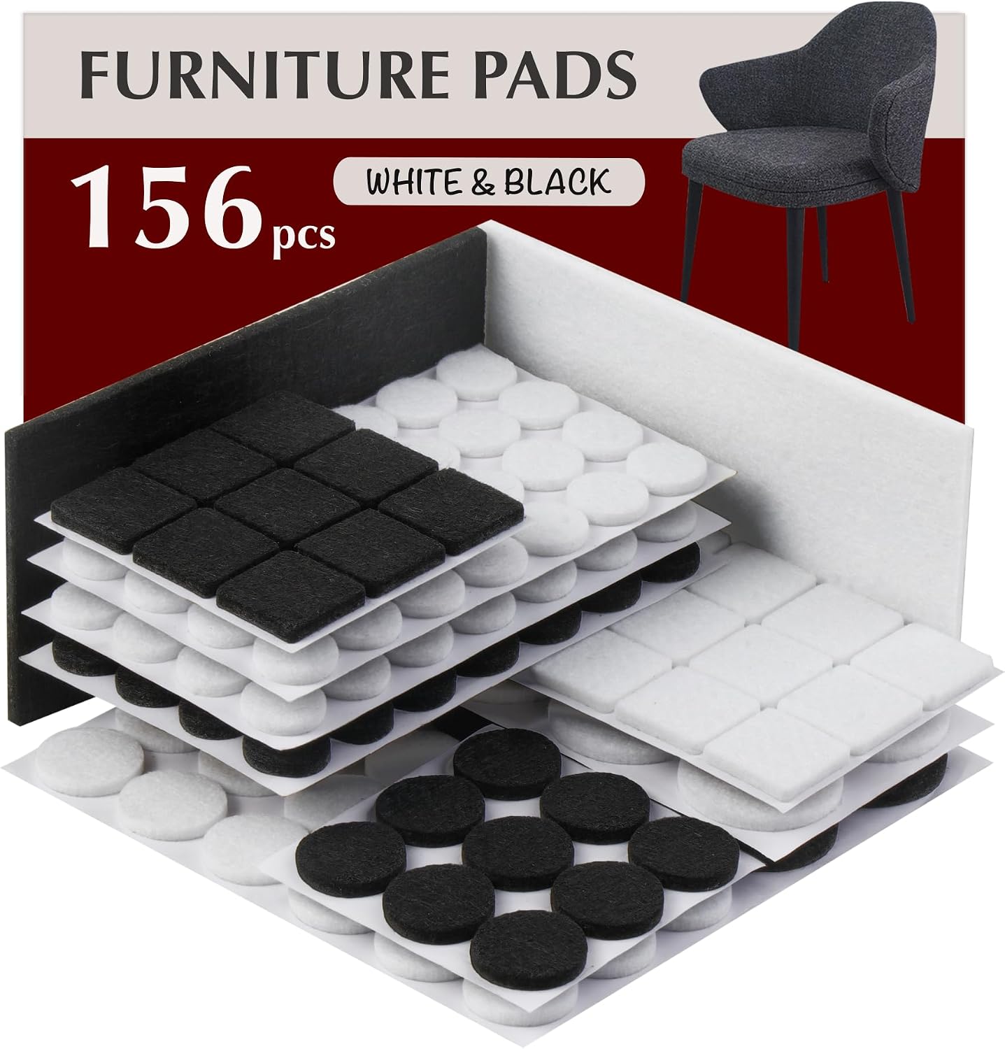 Felt Furniture Pads - 156pcs Black - Chair Leg Floor Protectors - Felt Pads | Furniture Sliders for Hardwood Floors, Chair Foot Pads, Furniture Legs, Felt Pads for Chairs, Floor Protectors for Furniture