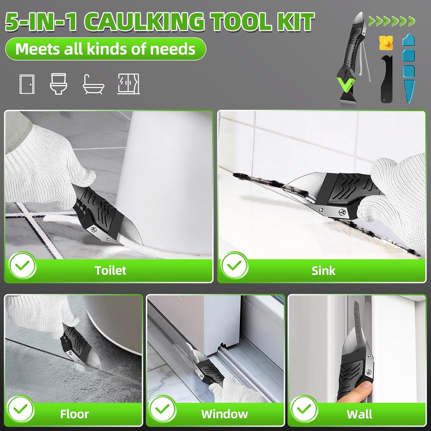 5 in 1 Silicone Caulking Tool Kit, Caulk Remover Tool with Stainless Steel Head,Caulk Finishing Tool with Different Angles,Grout Removal Tool for Kitchen Sink Washroom Floor Bathroom Toilet Caulking