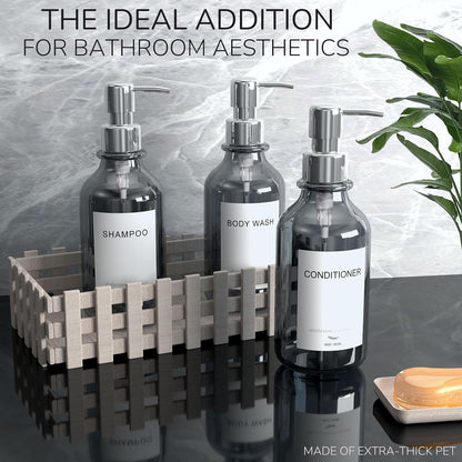 Modern Shampoo and Conditioner Dispenser - Shower Soap Dispenser Wall Mounted - 3-Pack 16 oz Plastic Amber Bottles with Black Pumps - Stylish Shampoo Dispenser, Shower Dispenser 3 Chamber No Drill