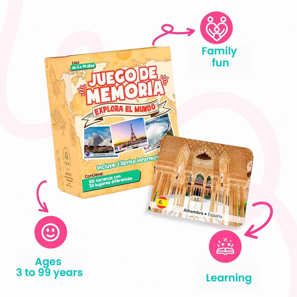 Menique Explore the World Memory Matching Game – Geography Game with 100 Photo Cards, 50 Countries, Flags & Landmarks – Travel Card Game with Educational Booklet, Ages 3+