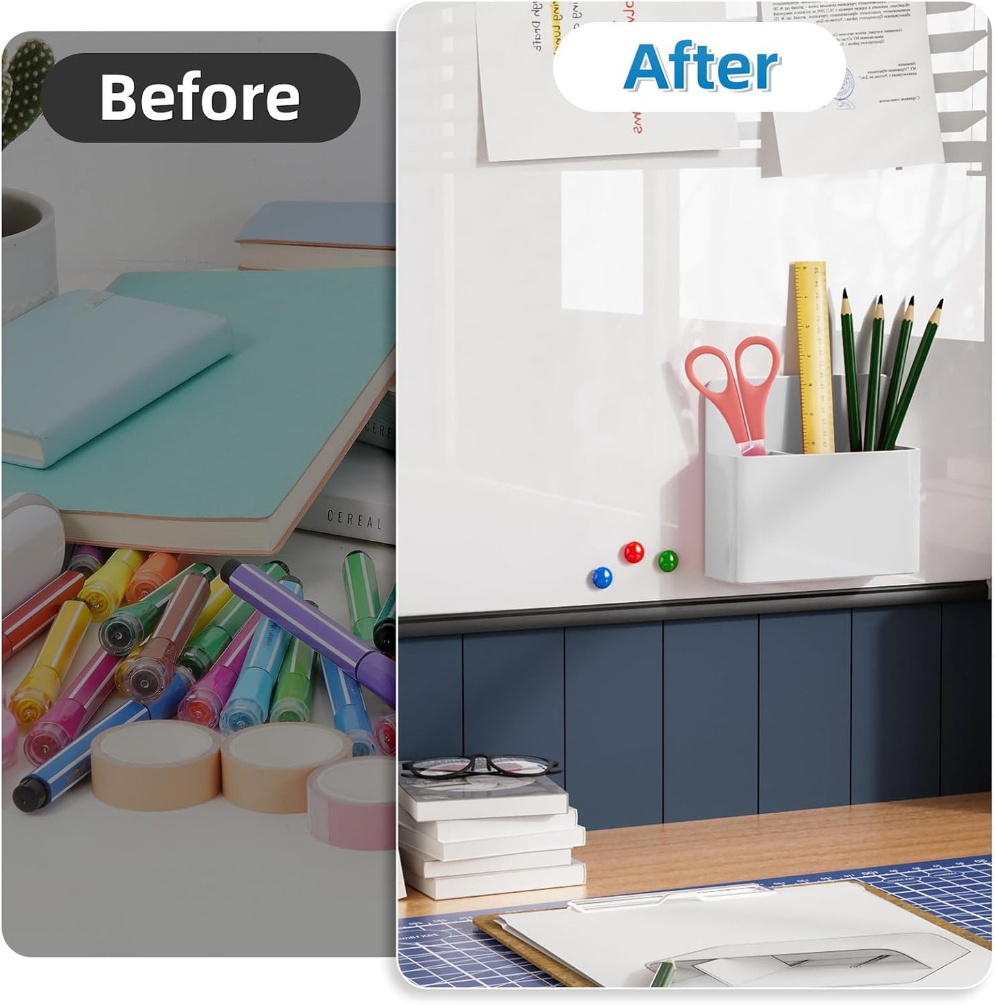 Marbrasse Magnetic Dry Erase Marker Holder,Pen and Eraser Holder for Whiteboard，Magnet Pencil Cup Utility Storage Organizer for Office, Refrigerator, Locker and Metal Cabinets (2 Pack)