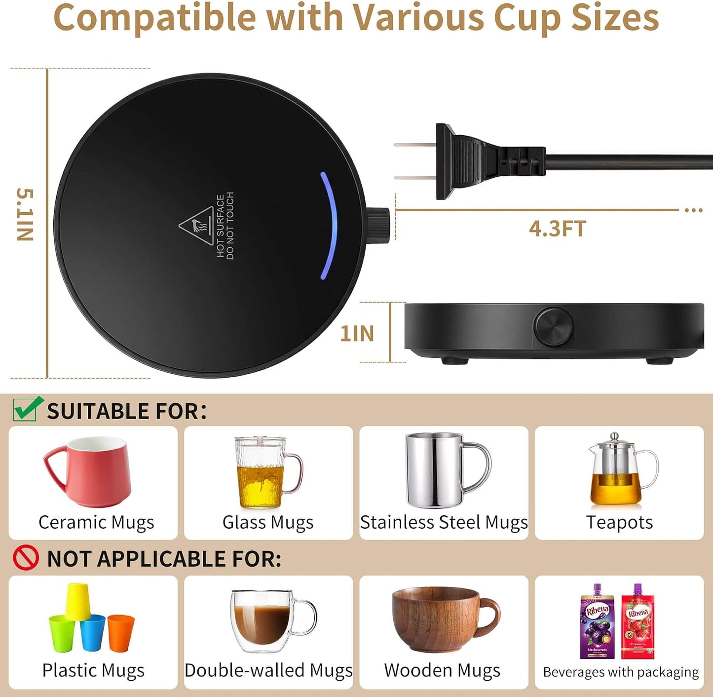Coffee Mug Warmer for Desk 4H Auto Shut Off, Smart Coffee Cup Warmer with 3 Temperature Setting, Electric Mug Warmer Plate for Coffee, Milk, Tea (Black)