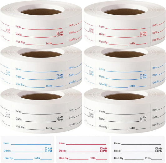 6 Rolls 3000 Pcs Removable Food Labels, 1x2 Inch Freezer Tape Date Stickers for Food Containers Easy to Peel Off Storage Tags for Meal Prep Canning Jars Pantry(Black/Red/Blue)