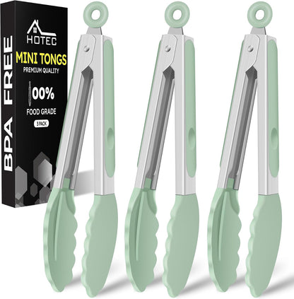 Hotec Mini Silicone Kitchen Tongs for Cooking - 7-Inch Small Serving Tongs with Silicone Tips, Set of 3 (Black,Grey,Light Blue)