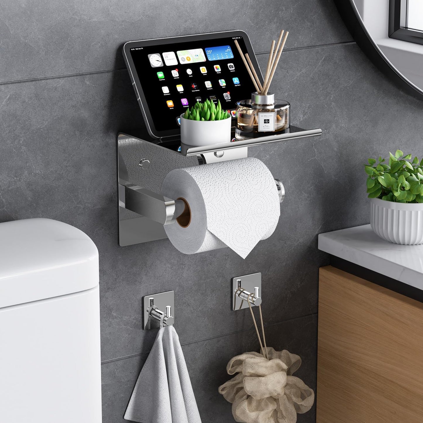 Tindbea Toilet Paper Holder Wall Mount + Towel Robe Hooks, Adhesive or Screw Wall Mounted Toilet Paper Roll Holder with Shelf, Stainless Steel Bathroom Organizers and Storage Kit (Brushed Gold)