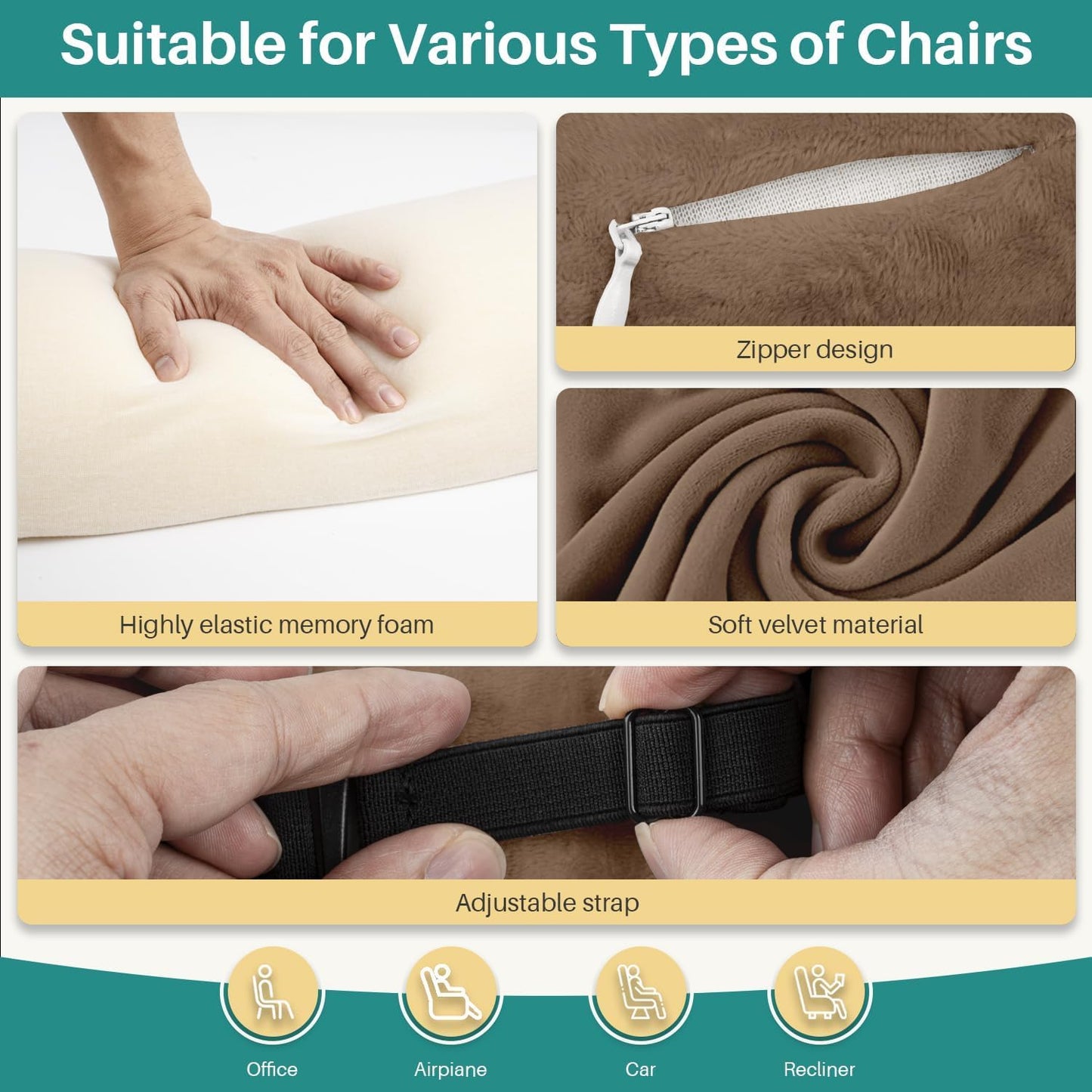 Non-Slip Neck Pillow for Recliner with Elastic - Head Pillow for Recliner Supportive Memory Sponge Cushion with Soft Velvet Cover for Neck Relief While Working,Studying and Playing(Brown)