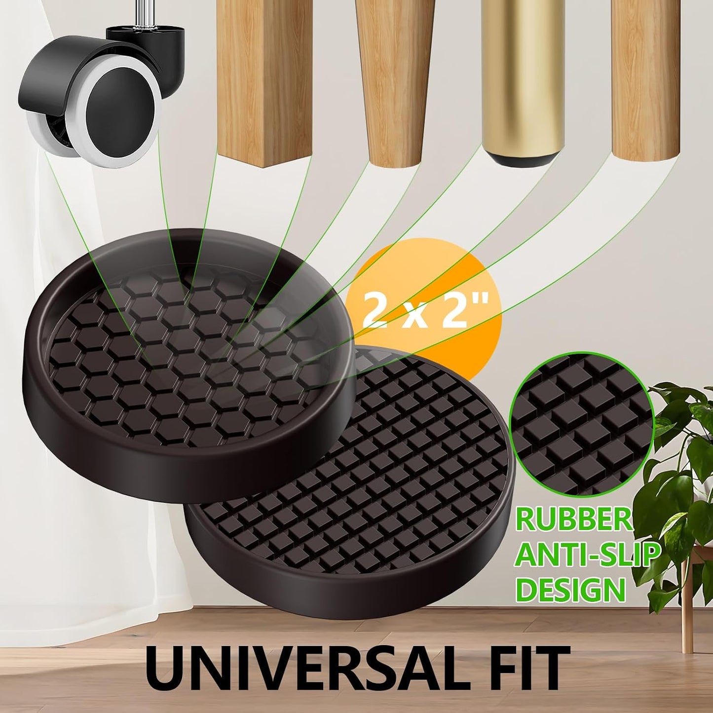 Non Slip Furniture Pads for Hardwood Floors - 12PCS 2" Caster Cups, Round | Furniture Stoppers to Prevent Sliding, Anti Slip Furniture Coasters Cup, Floor Protectors for Furniture Bed Couch Chair,Black