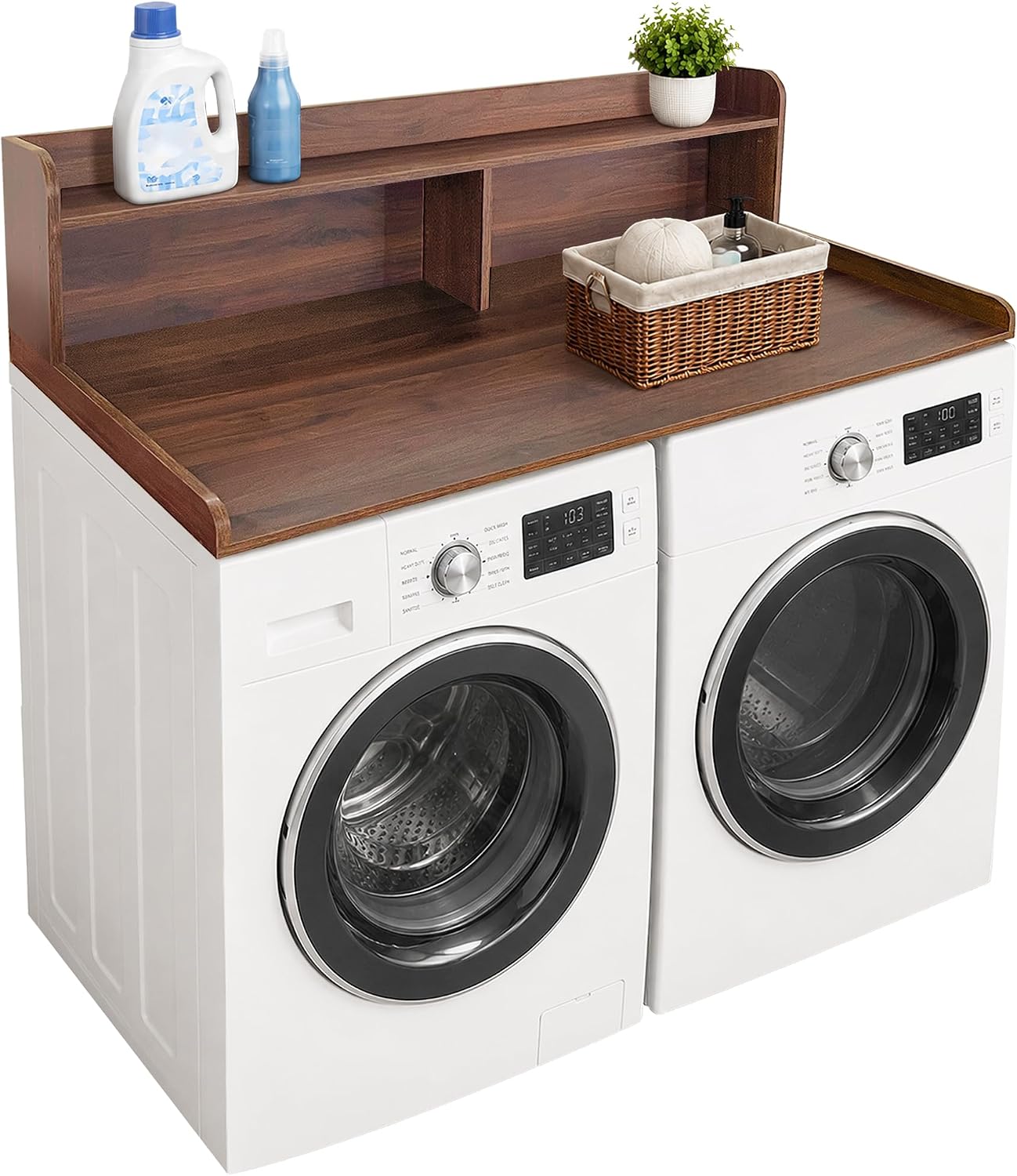 Royxen Laundry Countertop with 2-Tier Shelf Universal Fit, Washer and Dryer Countertop with Storage Space, Shelf Height 11.5 Inches, Solid Wood Core, Walnut