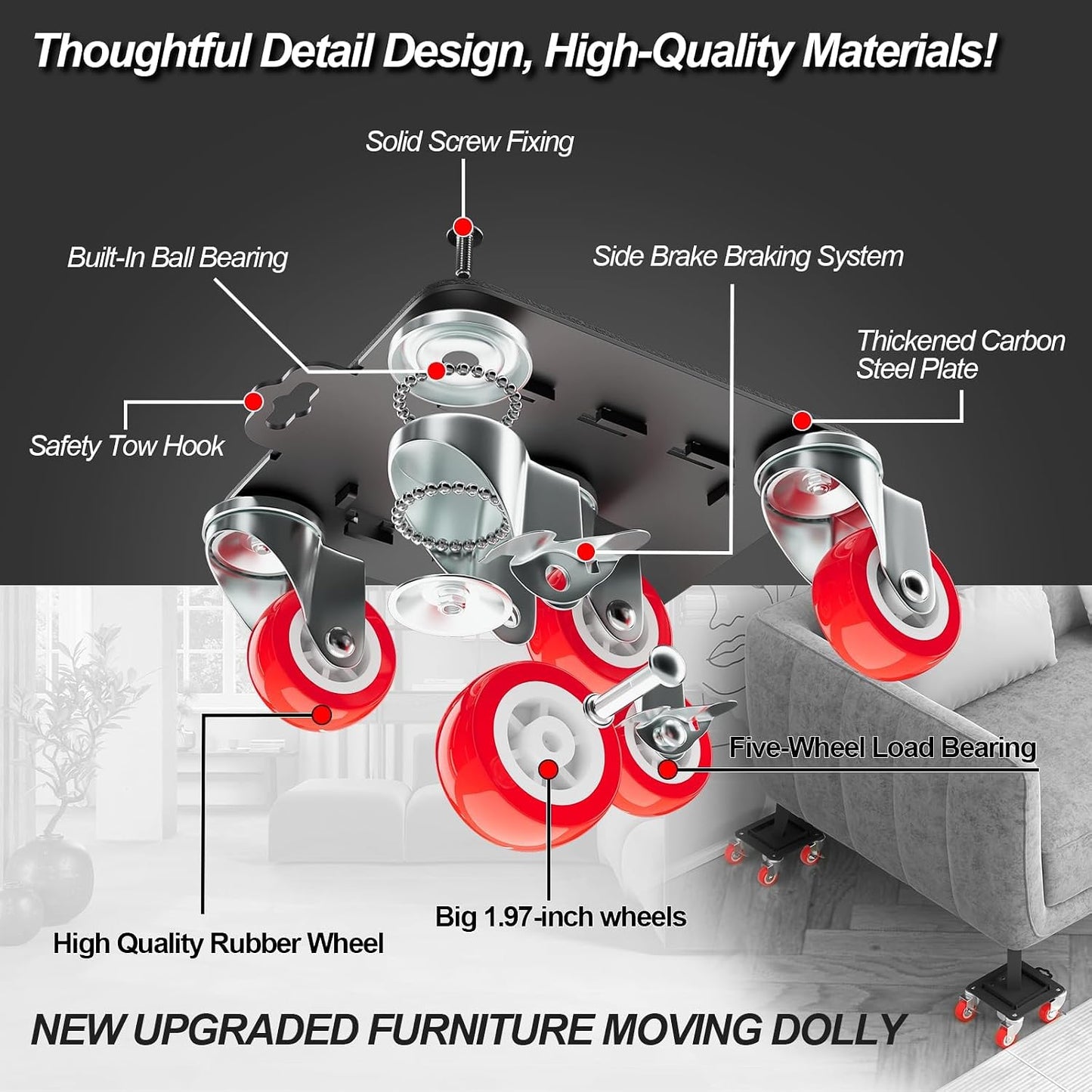 MYUEA Furniture Dolly 5 Wheels Heavy Duty with Removable Side Guards,3307 Lbs Capacity,360° Rotating Wheels & Side Brake,Furniture Movers Lifter Tool with Wheels for Appliances,Sofas,Beds,Pianos