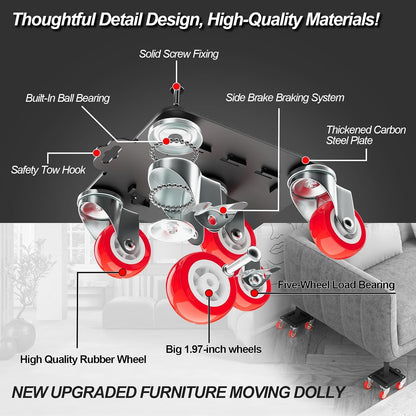 MYUEA Furniture Dolly 5 Wheels Heavy Duty with Removable Side Guards,3307 Lbs Capacity,360° Rotating Wheels & Side Brake,Furniture Movers Lifter Tool with Wheels for Appliances,Sofas,Beds,Pianos