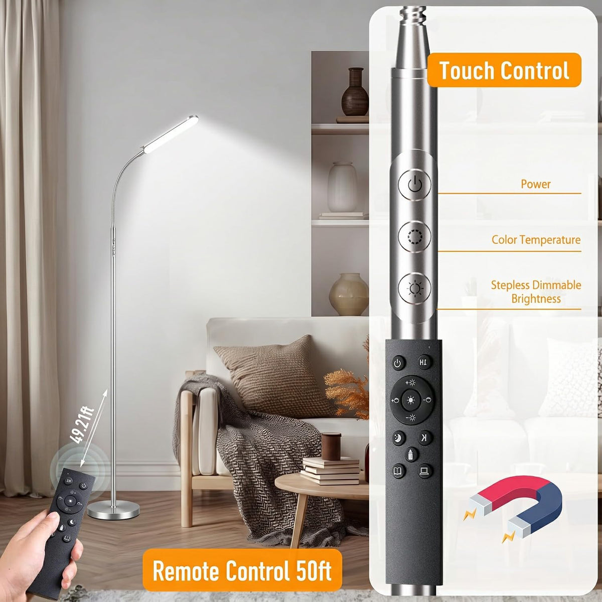 marctronic Floor Lamp, 18W 1800LM Super Bright LED Floor Lamp with Remote & Works with Smart Plug, Dimmable Timing Eye Caring Reading Lamps Floor Standing for Living Room Bedroom Office