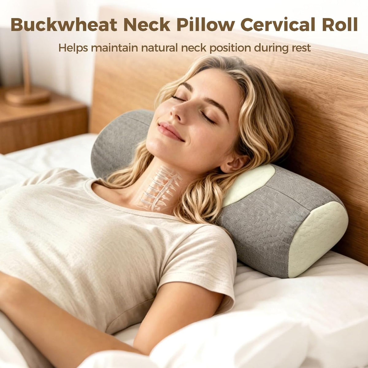 Buckwheat Neck Pillow Cervical Roll, Adjustable Support Pillow for Sleeping, Ergonomic Bolster Roll for Side and Back Sleepers, Neck Alignment Support with Zipper Cover