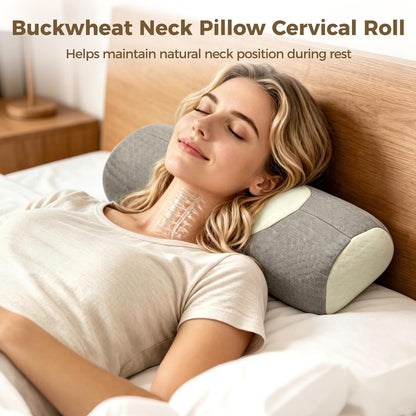 Buckwheat Neck Pillow Cervical Roll, Adjustable Support Pillow for Sleeping, Ergonomic Bolster Roll for Side and Back Sleepers, Neck Alignment Support with Zipper Cover