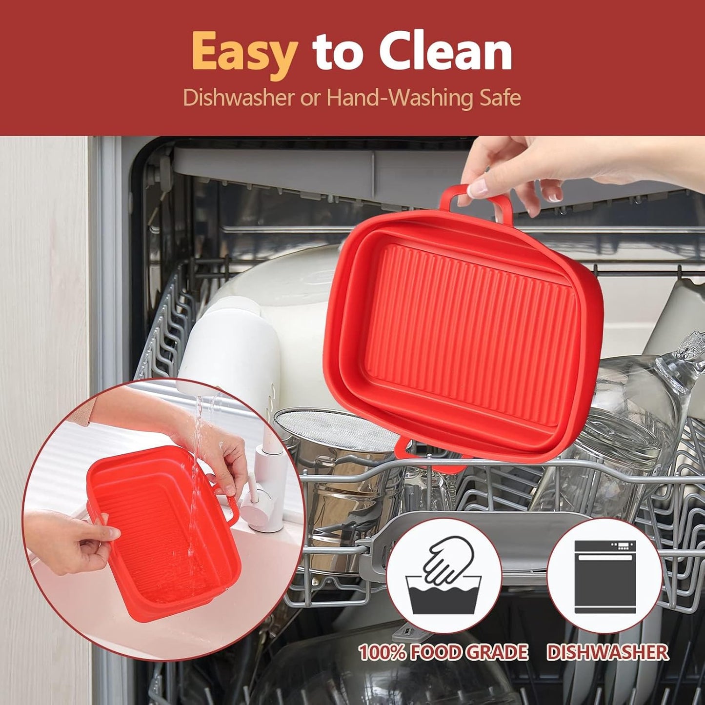 Collapsible Silicone Air Fryer Liners 8QT 10QT Ninja Dual (Gray) | 2 Pack Food Grade Platinum Silicone, Snug Rectangular Fit, Grease Drainage Ridges, Dishwasher Safe, BPA Free Basket Liner