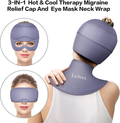 3 in 1 Migraine Relief Cap Neck Ice Pack Wrap Gel and Ice Eye Masks, Detachable Ice Caps with Eyes Masks, Hot and Cold Therapy for Relief of Headaches, Stiff Neck and Eye Fatigue (Purple)