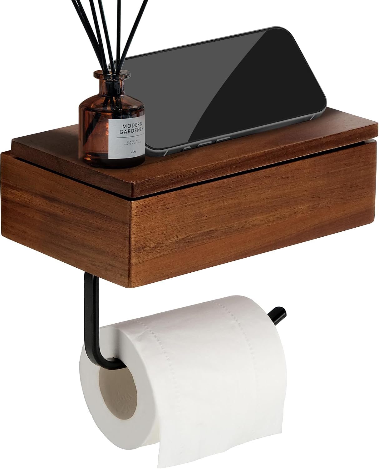 Toilet Paper Holder Walnut Wood Shelf - Wall Mount & Self-Adhesive | Bathroom Tissue Holder, Black Stainless Steel with Walnut Shelf for Phone - Home Apartment Restroom Decor Essentials