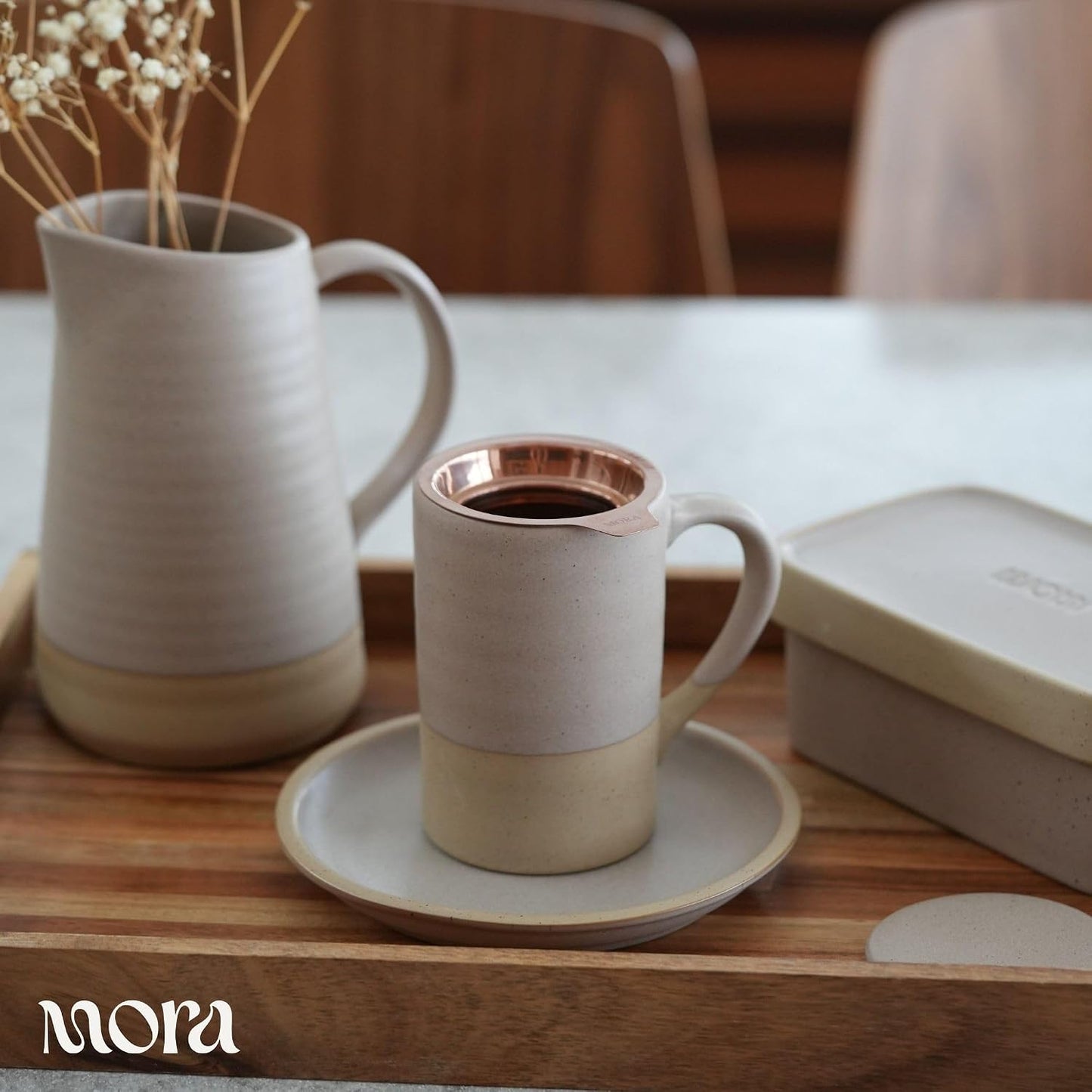 Mora Ceramics Tea Cup with Loose Leaf Infuser, Spoon and Lid, 12 oz, Microwave and Dishwasher Safe Coffee Mug - Rustic Matte Ceramic Glaze, Modern Herbal Tea Strainer - Great Gift for Women, Garnet