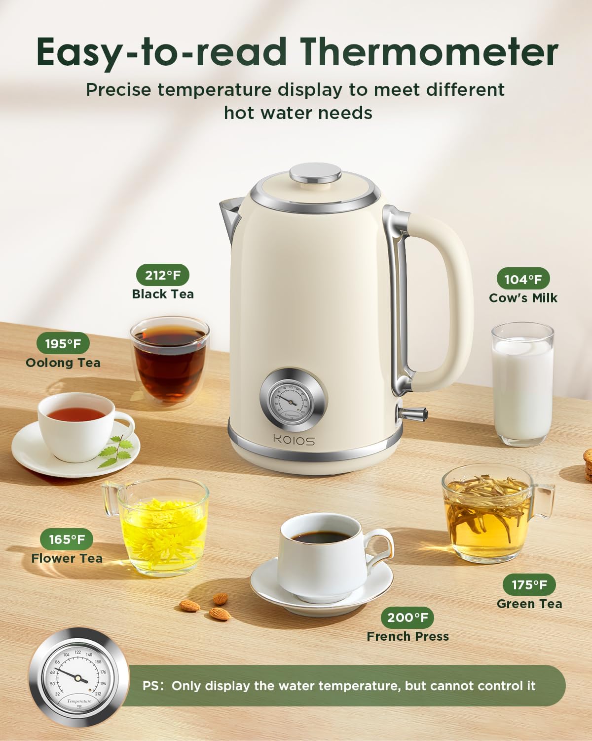 Electric Kettle 1.8L with Temperature Gauge, 1500W Fast Boiling Electric Tea Kettle, 100% Stainless Steel Retro-Style Hot Water Kettle Electric - Glowing LED Light, Auto Shut-Off & Boil-Dry Protection