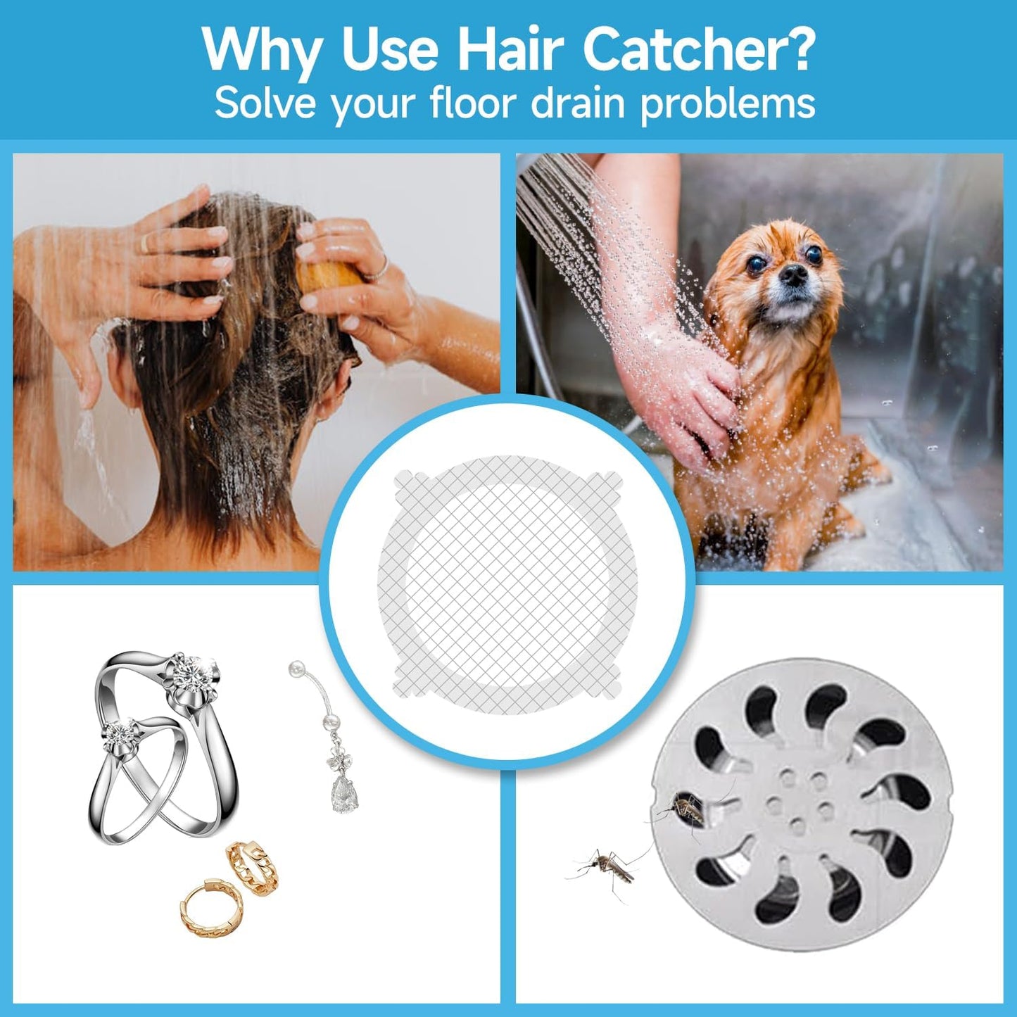 VIVIDLY 50 Pack Disposable Shower Drain Hair Catcher Stickers for Home | No scrubbing required after use, catches human & pet hair easily, fits bathroom kitchen tub & sink