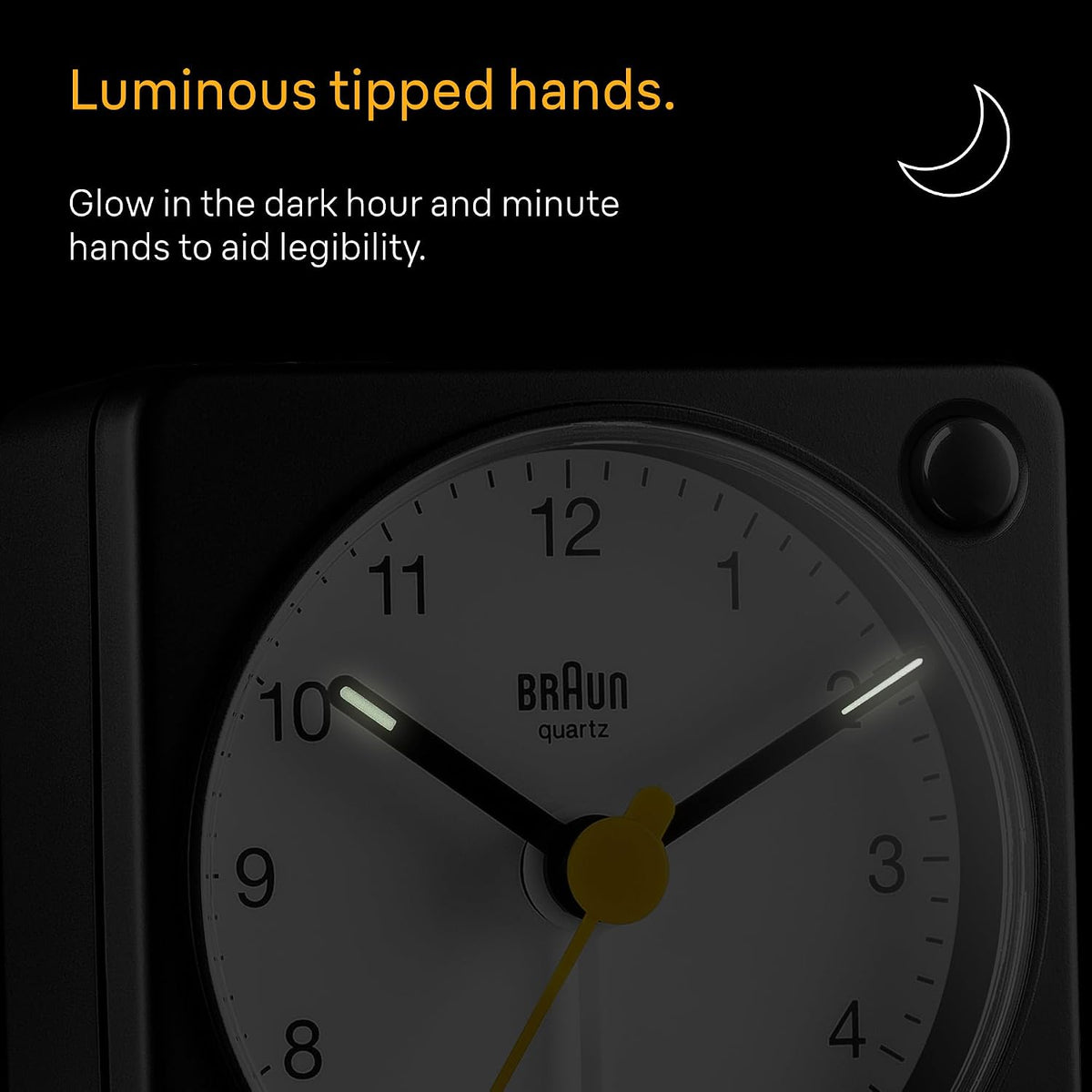 Braun Classic Travel Analogue Alarm Clock with Snooze and Light, Compact Size, Quiet Quartz Movement, Crescendo Beep Alarm in Black and White, Model BC02XBW.