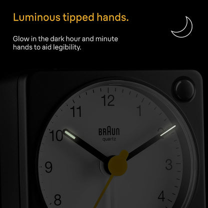 Braun Classic Travel Analogue Alarm Clock with Snooze and Light, Compact Size, Quiet Quartz Movement, Crescendo Beep Alarm in Black and White, Model BC02XBW.