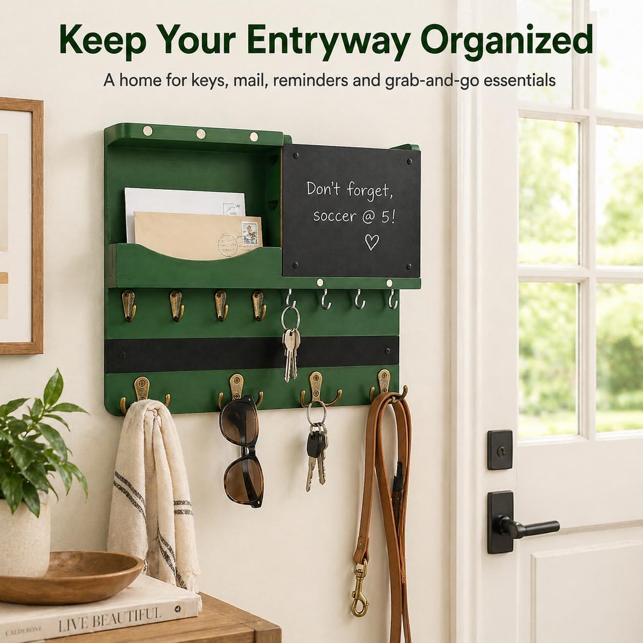 Key Holder for Wall Mount with Shelf and Mail Organizer, Key and Mail Holder with 16 Hooks, Farmhouse Entryway Organizer, Home Decor Rack (Pine Wood, White Washed)
