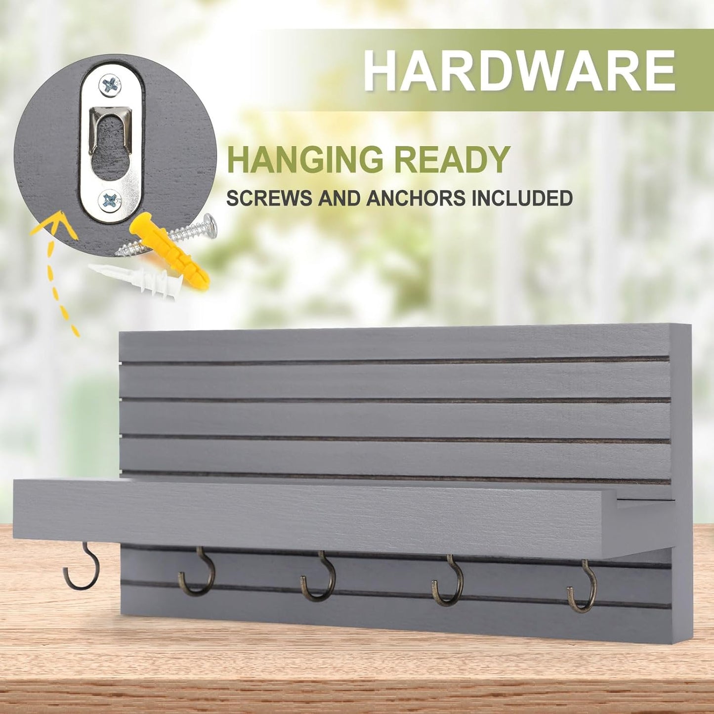 Lwenki Decorative Key Holder for Wall with Shelf, Entryway Shelf with Hooks Holds Leashes, Jackets and Glasses – Sturdy Wood Keyholder Entrance Hanger with Mounting Hardware (Black, Medium)