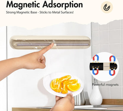 Aluminum Foil & Plastic Wrap Dispenser with Cutter - Easy One-Hand Operation, Space-Saving Kitchen Organizer for Worktops & Cabinets, Magnetic Cling Film Dispenser - Fits 12" Rolls, Latte