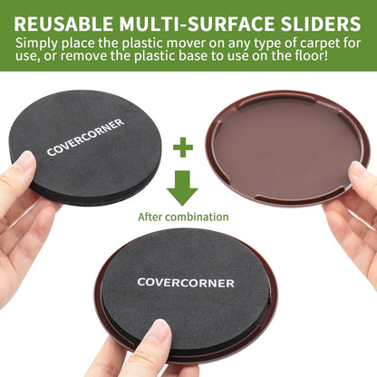 2 in 1 Furniture Sliders, 8 PCS in 3 1/2" or 4", Brown | Furniture Sliders for Hardwood Floors, Furniture Sliders for Carpet, Sliders for Moving Furniture, Furniture Movers Sliders