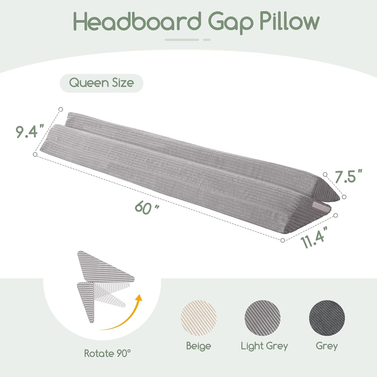 HIGOGOGO Queen Size Wedge Pillow for Headboard Gap - Multi Functional Mattress Wedge Bed Gap Filler Close The Gap (0-7") Between Your Mattress and Headboard or Wall (Grey 60"x11"x9")