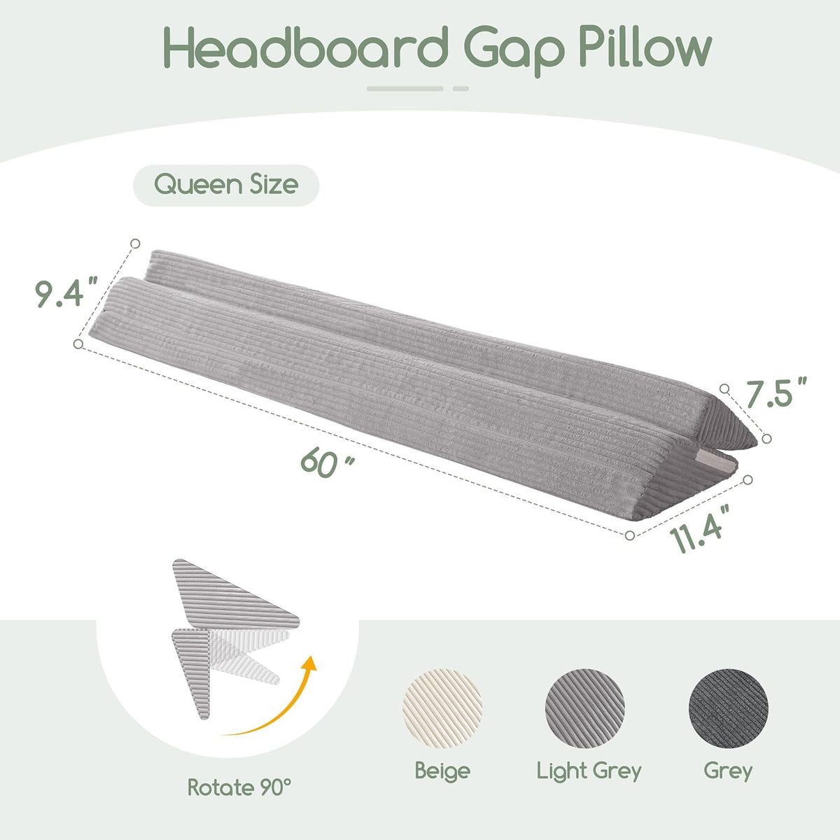 HIGOGOGO Queen Size Wedge Pillow for Headboard Gap - Multi Functional Mattress Wedge Bed Gap Filler Close The Gap (0-7") Between Your Mattress and Headboard or Wall (Grey 60"x11"x9")
