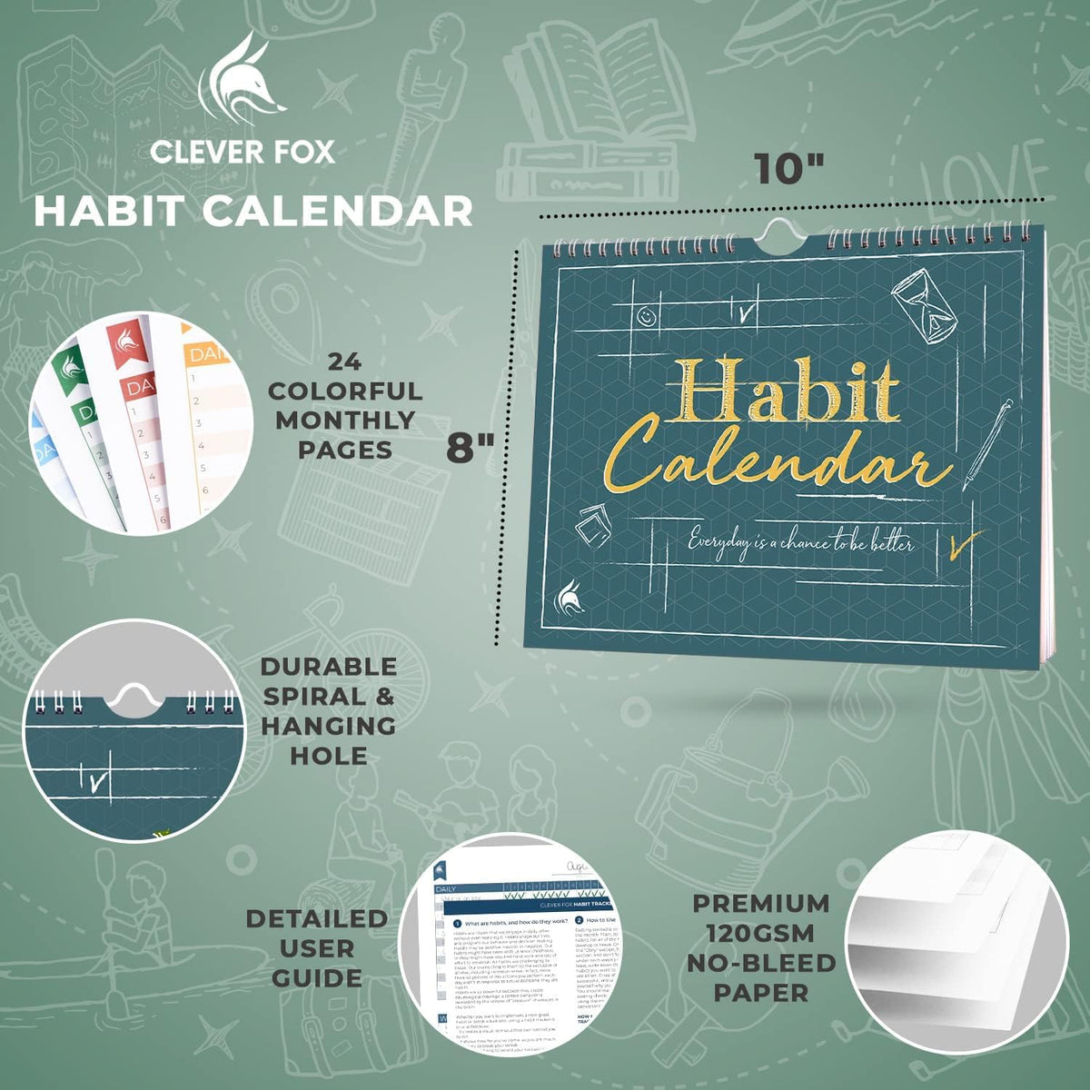 Clever Fox Habit Tracker Calendar, 24-Month Daily Goal Journal Black