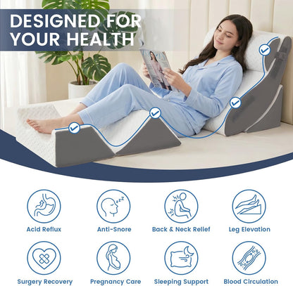 5PCS Wedge Pillow Set for After Surgery, Adjustable Orthopedic Foam Bed Wedge Pillow for Acid Reflux, GERD & Heartburn Relief, Back & Leg Elevation Support for Sleeping & Sitting Up, White Grey