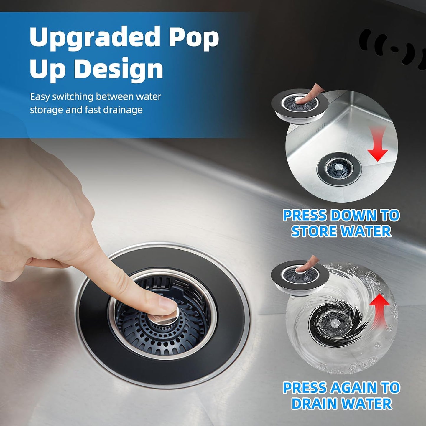 Hibbent 3 in 1 Kitchen Sink Drain Strainer, Metal Pop Up Stopper | Larger Anti-Clogging Basket, 3-Layer Seal, Detachable Sink Drain Plug for US Standard 3-1/2" Drain, Brushed Stainless Steel