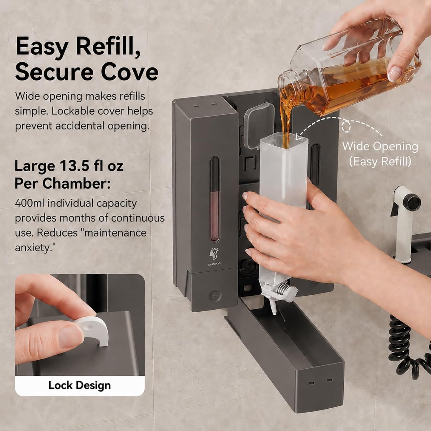 Shampoo and Conditioner Dispenser - Wall-Mounted 3-Chamber Shower Soap Dispenser, No-Drill, 1200ML Capacity, for Bathroom & Hotel