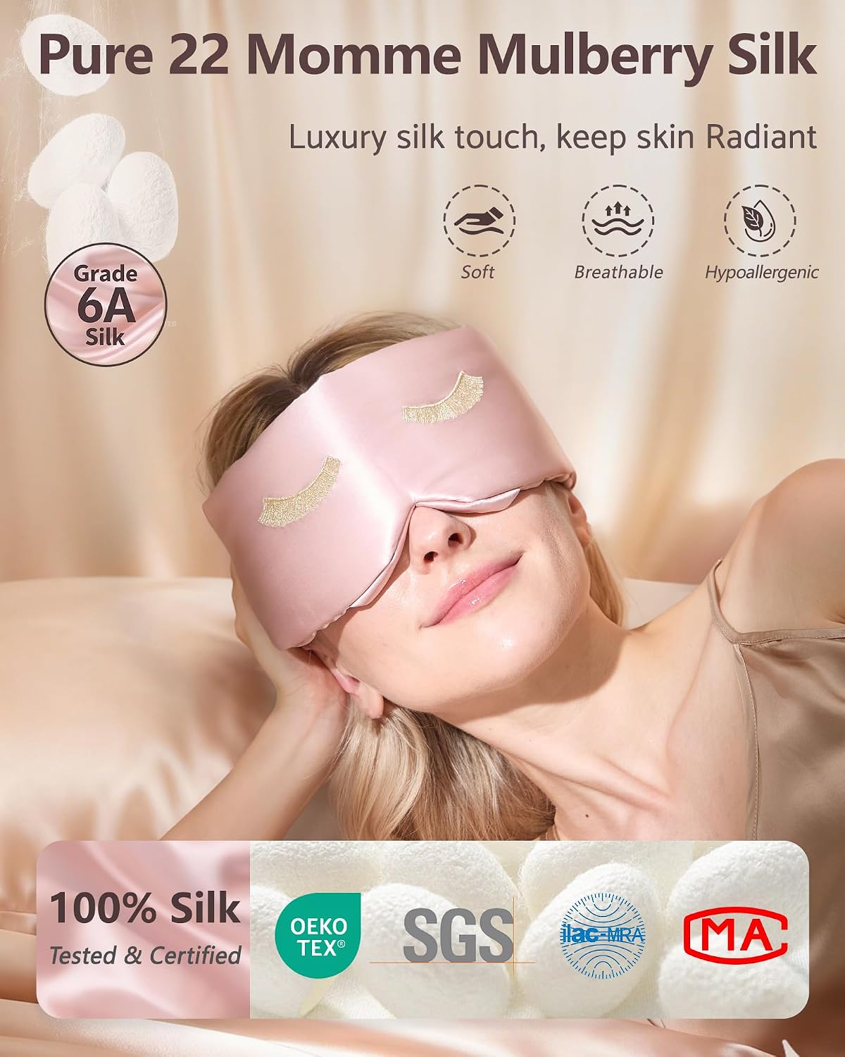 BeeVines Luxury Pure 100% Silk Sleep Mask for Women, 3D Contoured Eye Mask