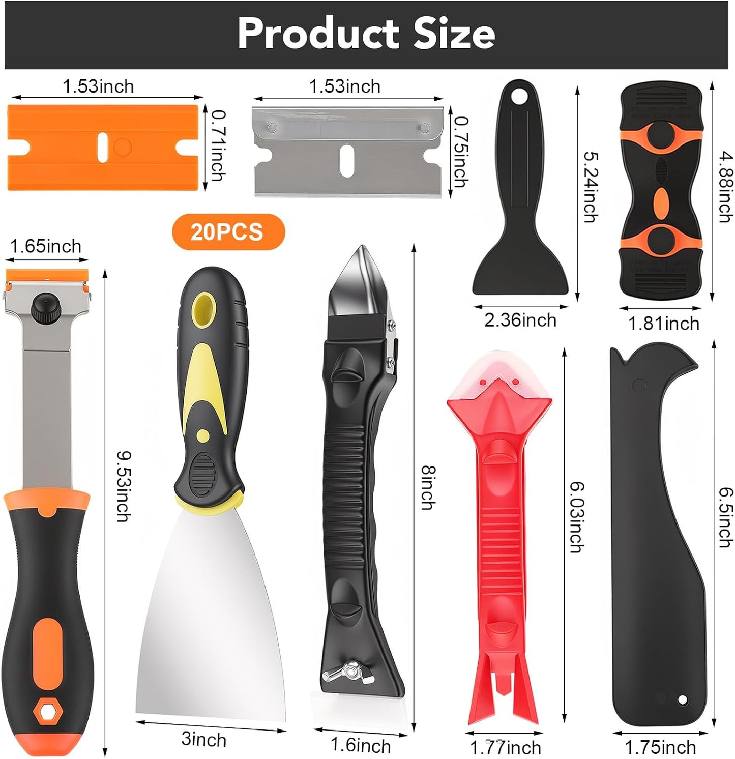 5-In-1 Caulking Tool Kit With Razor Scraper, Silicone Finishing | Caulk Removal And Smoothing, Metal And Plastic Scrapers, For Tile, Glass, Sink, Window And Grout Repair