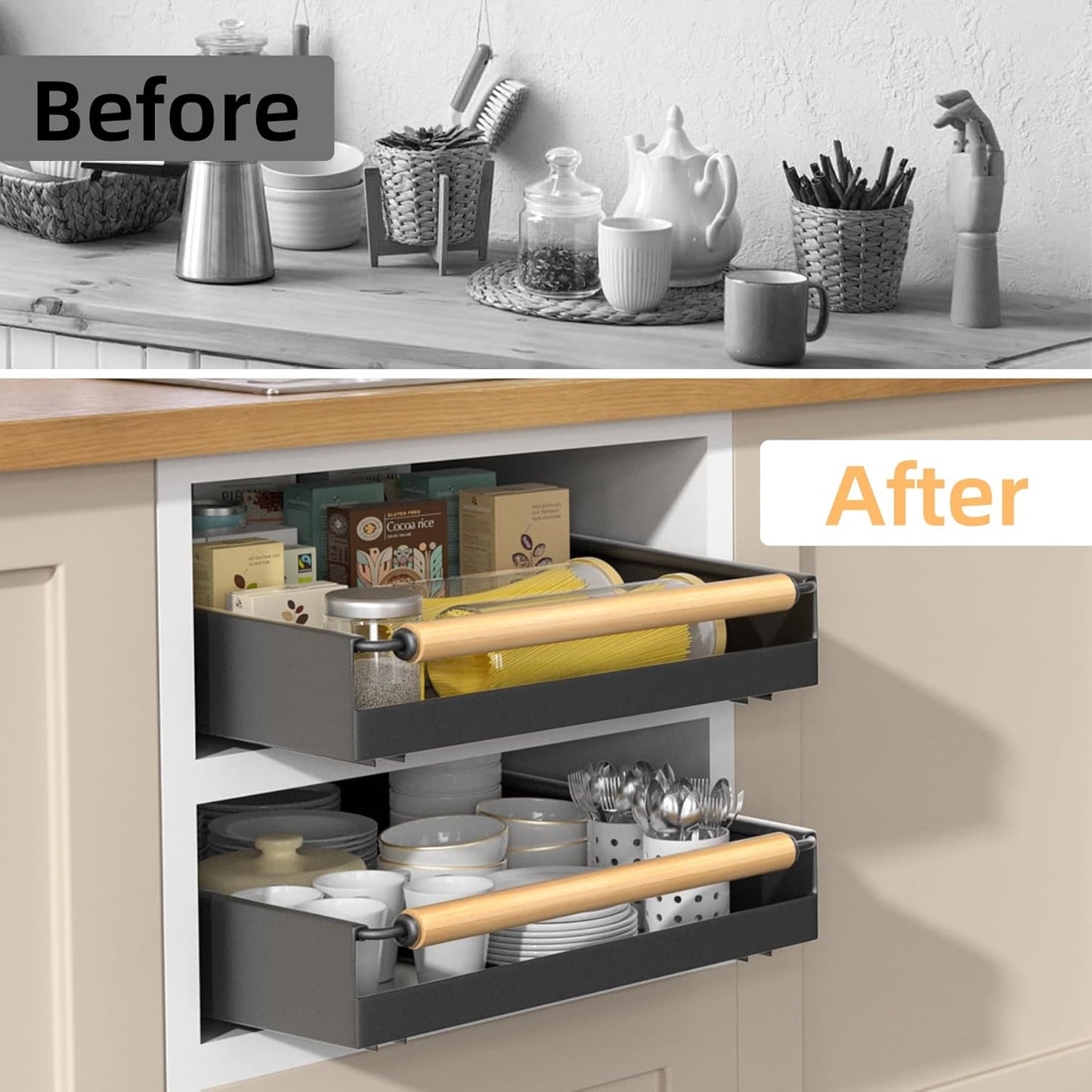 2 Pack 15.3'' Deep Expandable Slide Out Cabinet Shelf No-Drill Pull Out Drawer with Nano Film Adhesive, Heavy Duty Pull Out Tray for Kitchen, Pantry & Bathroom, Black
