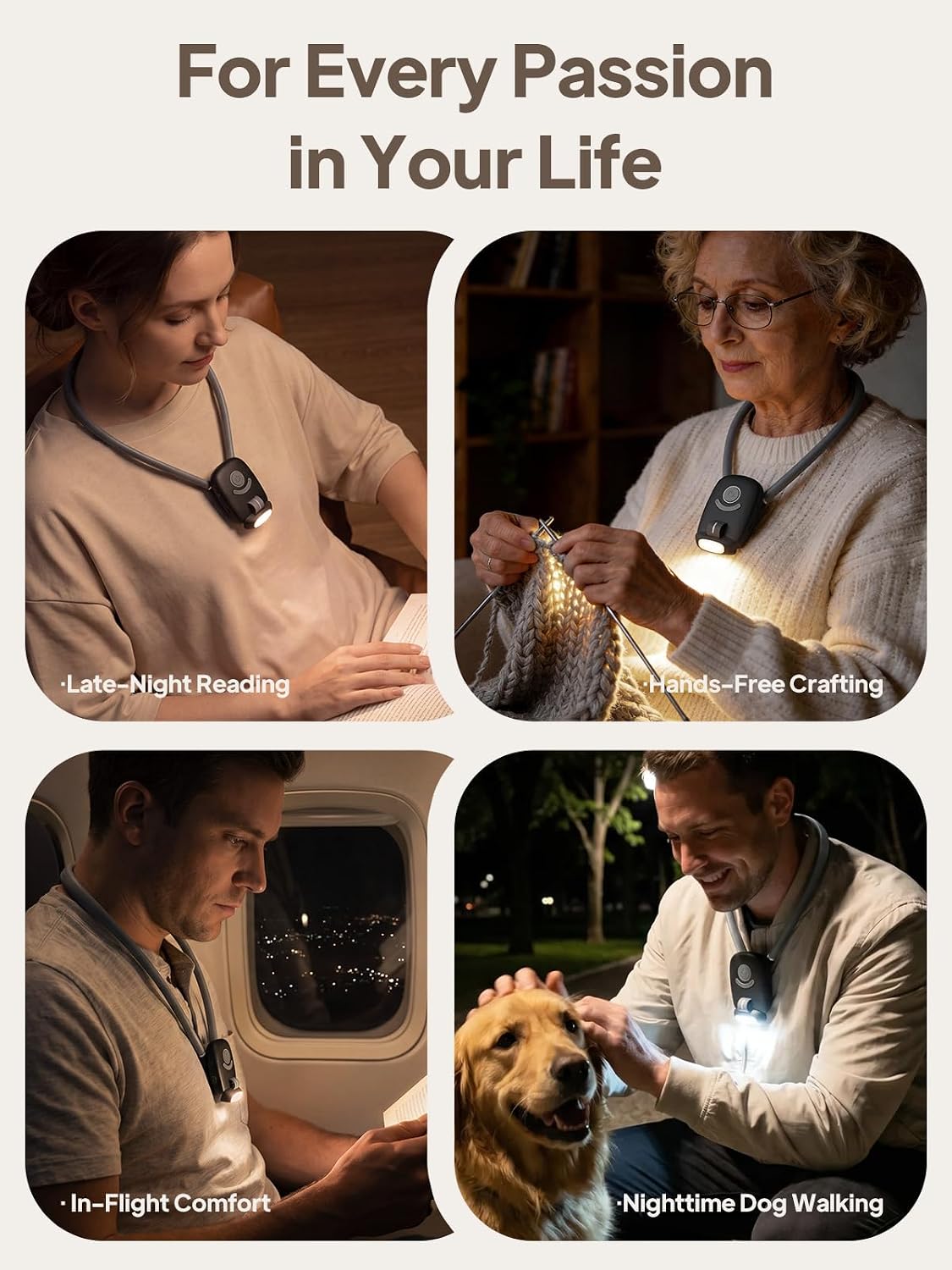Neck Reading Light - Flexible Neck Book Light in Bed 3 Colors Hands free | Flexible Silicone Neck Holder, Stepless Dimming, 10 Brightness, 1H Timer, 80H Rechargeable, 2000mAh, USB-C, Eye Care