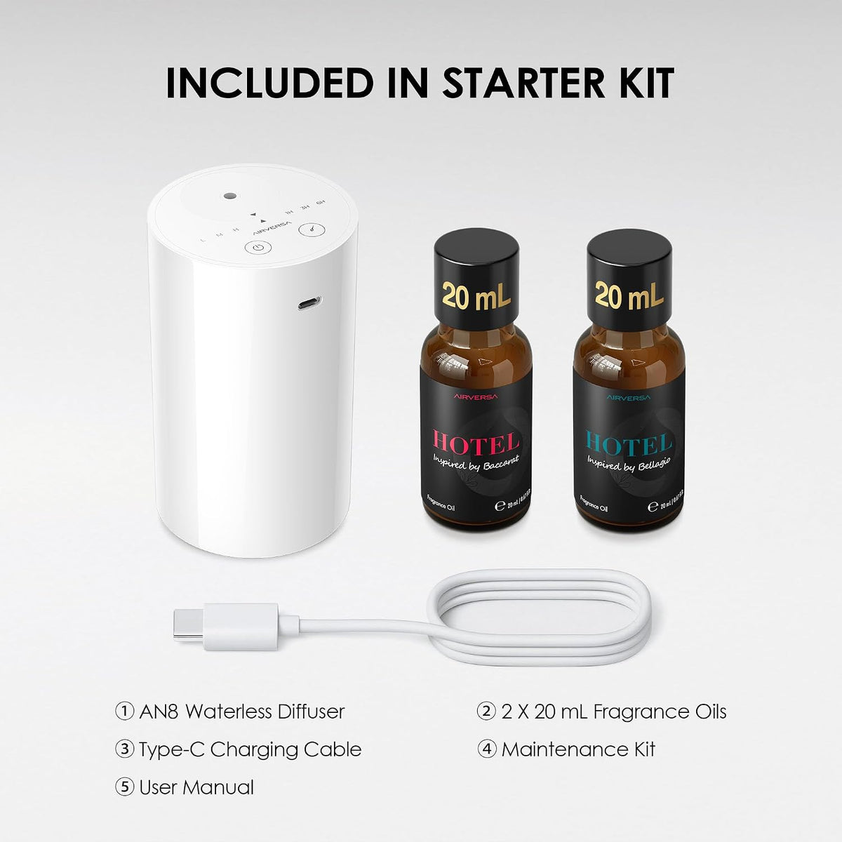 Airversa AN8 Waterless Essential Oil Diffuser Starter Kit, Black