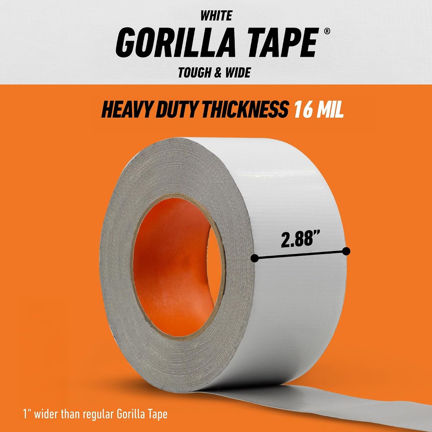 GORILLA Tape Tough & Wide, White, 2.88" x 25 yd | Double-Thick Adhesive, Grips Rough Surfaces, Heavy Duty, Weather Resistant for Indoor or Outdoor Use
