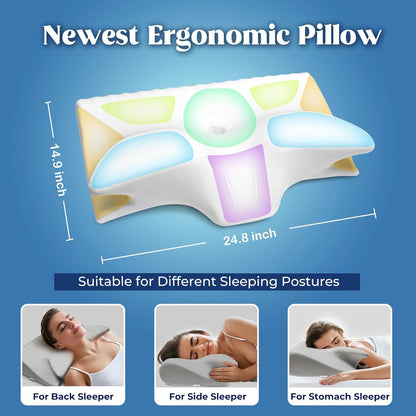 Cervical Pillow for Neck Pain Relief, Cooling Contour Memory Foam Pillows Support Odorless Ergonomic Neck Pillow Adjustable Orthopedic Bed Pillow for Side Back Stomach Sleeper with Pillowcase,Snow