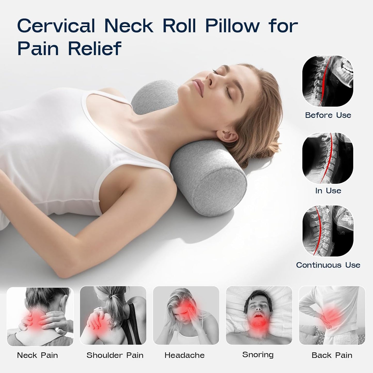 Neck Roll Pillow for Neck Pain Relief - Memory Foam Neck Support Pillow for Bed | Round Neck Pillow for Sleeping, 15.7 * 6 * 6 inch (Cool-Blue)