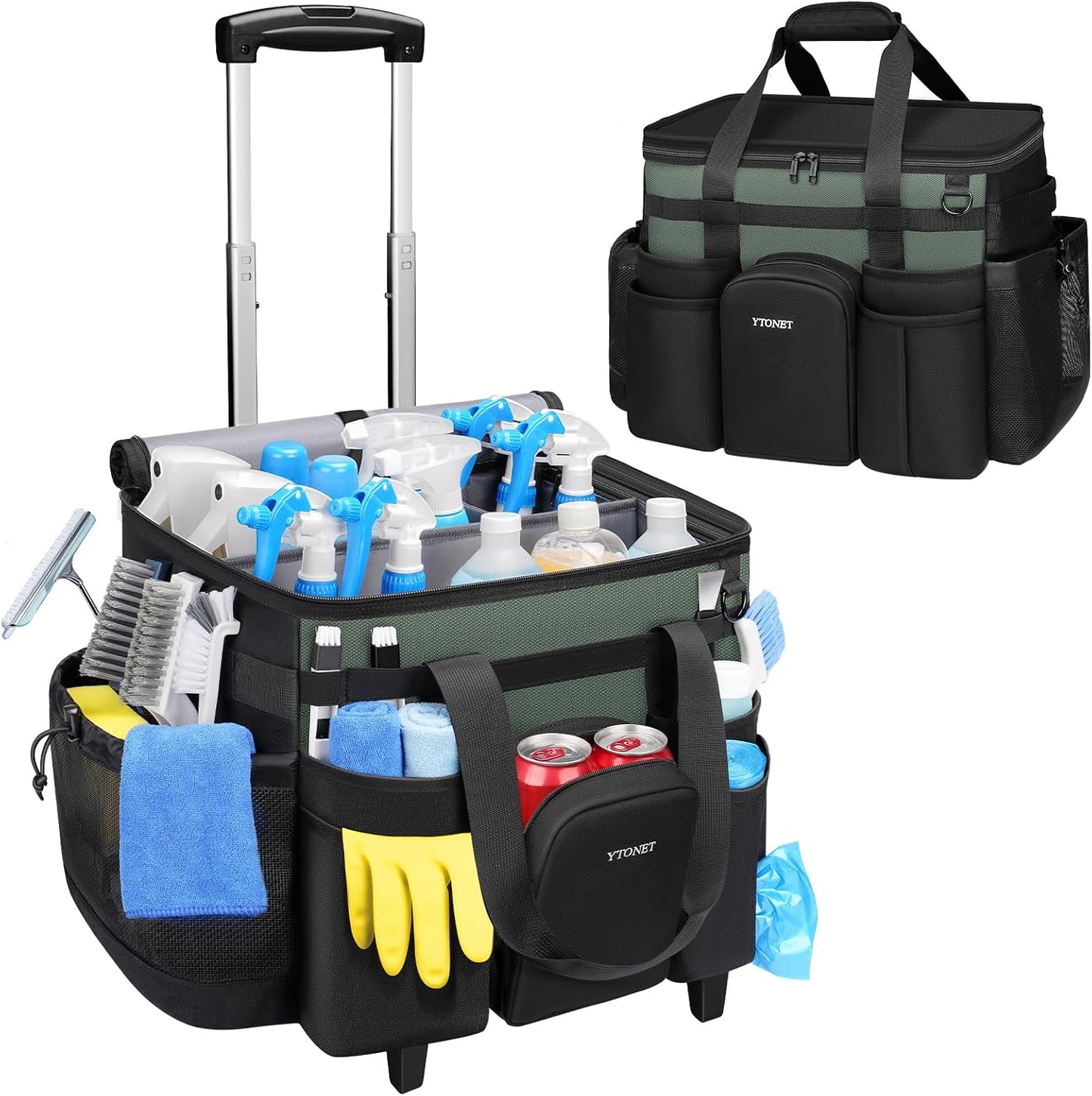 Ytonet Cleaning Caddy with Wheels, Extra Large Rolling Cleaning Caddy Bag | with Detachable Trolley for Housekeepers, Water Resistant Cleaner Supplies Organizer with Wheels for Kitchen, Tool Organizer