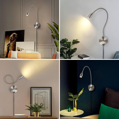 LED Wall Reading Light with USB Charging Port, Touch Dimmable Switch Gooseneck Bedside Lamp, Flexible Arm, 3W (Black, 120V Plug in, Warm White)