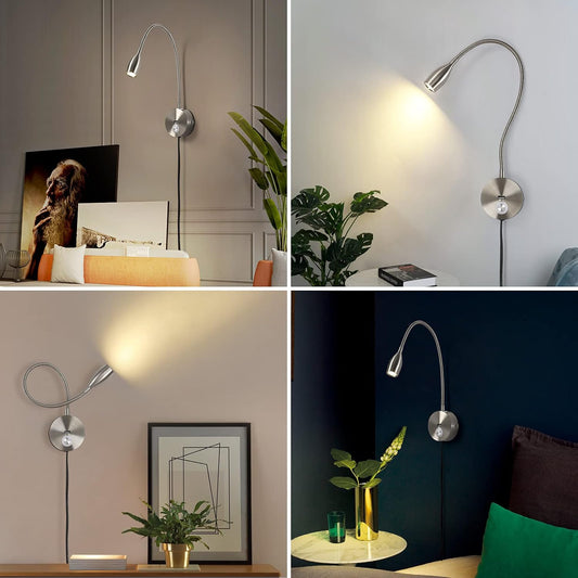 LED Wall Reading Light with USB Charging Port, Touch Dimmable Switch Gooseneck Bedside Lamp, Flexible Arm, 3W (Black, 120V Plug in, Warm White)