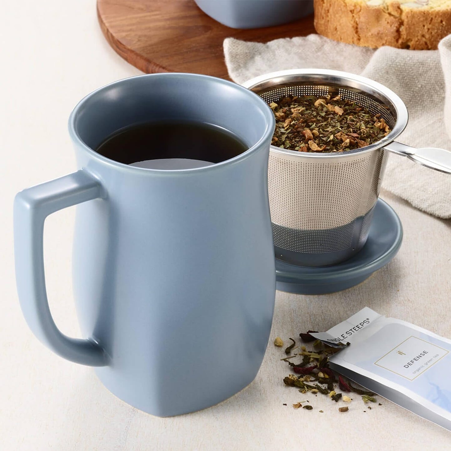 Tea Forte Ceramic Fiore Tea Cup with Infuser, Blue Agave, 14 oz | Insulated Ceramic - Stainless Steel Loose Leaf Infuser - Keeps Tea Hot Longer - Lid Included - Microwave & Dishwasher Safe