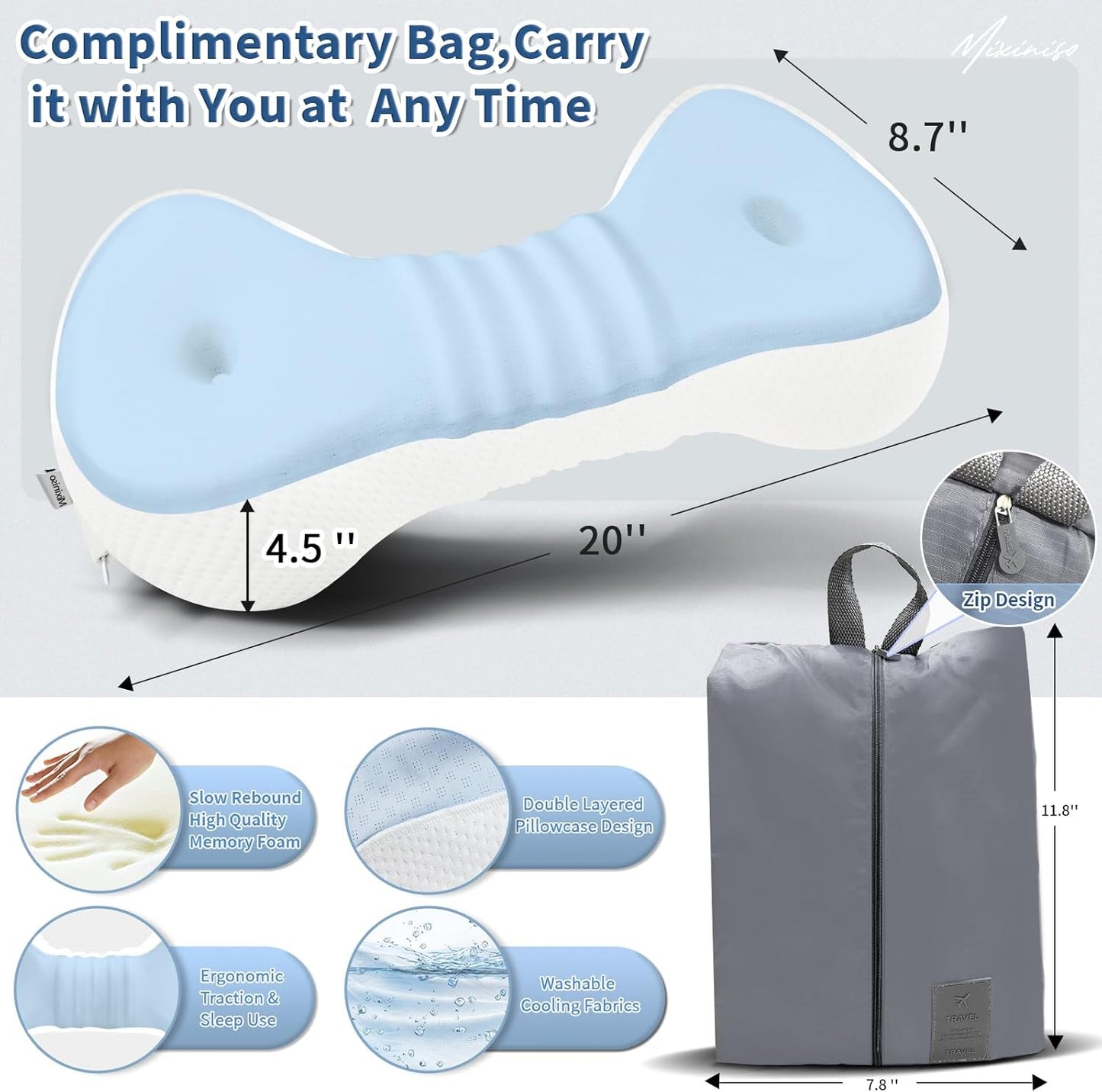 Cervical Neck Roll Pillow, Say Goodbye to Neck Pain, Travel Neck Support Pillow for Side Sleepers, Ergonomic Memory Foam Camping Pillow, Cervical Traction Device with Storage Bag