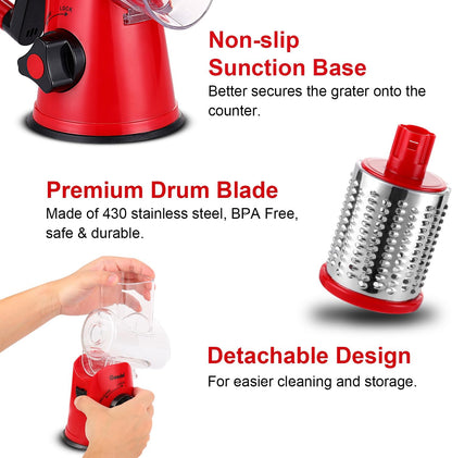 Geedel Rotary Cheese Grater, Kitchen Mandoline Vegetable Slicer with 3 Interchangeable Blades, Easy to Clean Rotary Grater Slicer for Fruit, Vegetables, Nuts | 3 Blades, 430 Stainless Steel, 12x Fast Cutting, Strong Suction Base, No BPA, Dishwasher Safe,