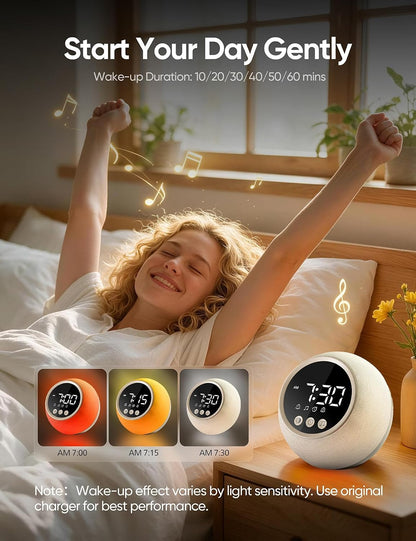 Wake Up Light Sunrise Alarm Clock with Sound Machine, 12-Color Night Light | ERZERT Digital Dual Alarm Clock for Bedrooms with White Noise Machine 30 Sounds, Snooze, Easy-Set for Baby Kids Adult
